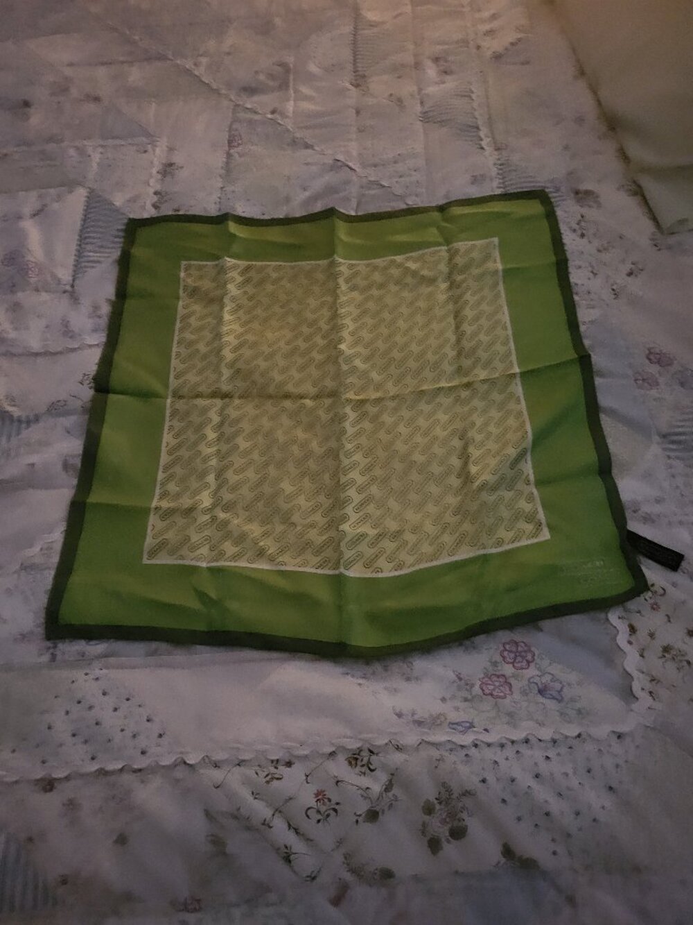 NWOT Vintage Coach Signature Silk Square Scarf Green Cream W/ Storage Bag
